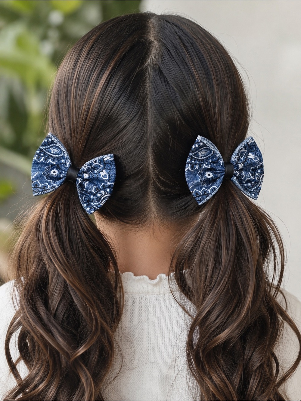 Blue Paisley Bow Hair Clips for Kids
